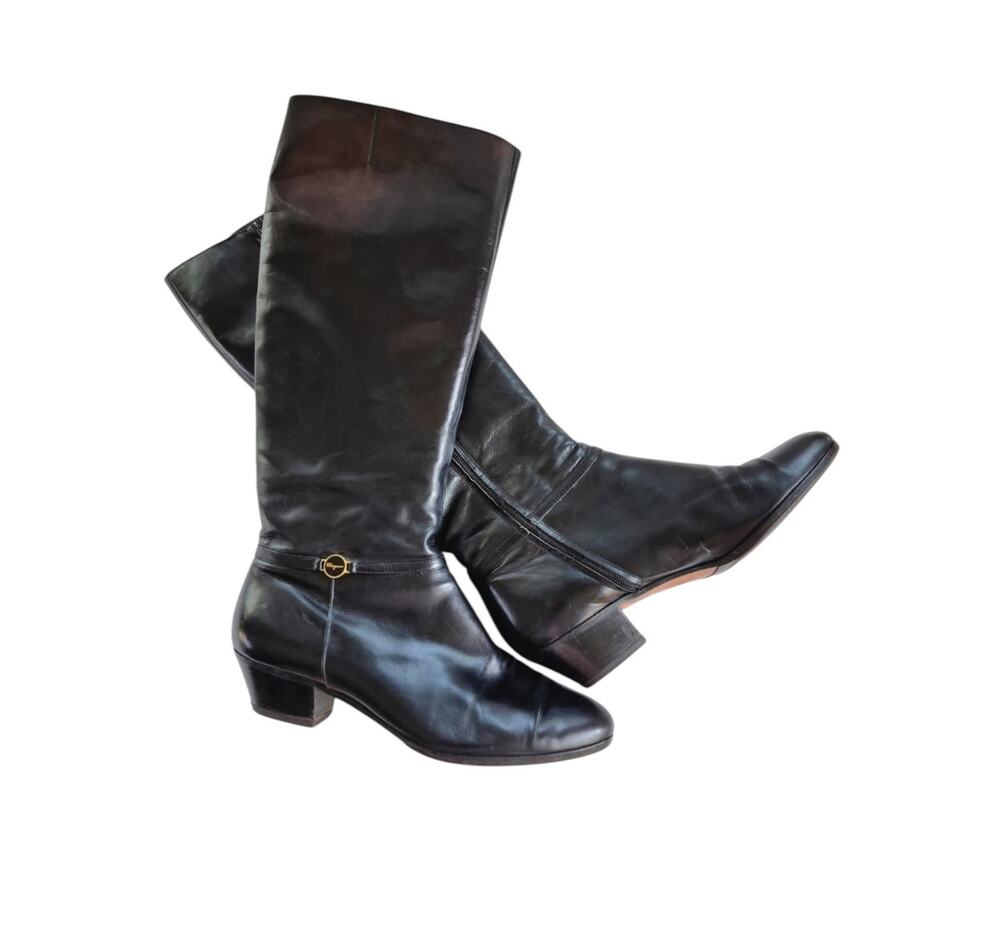 Ferragamo Boots Womens 7 B Black Italian Leather Knee High Mid Heel Quiet Luxury